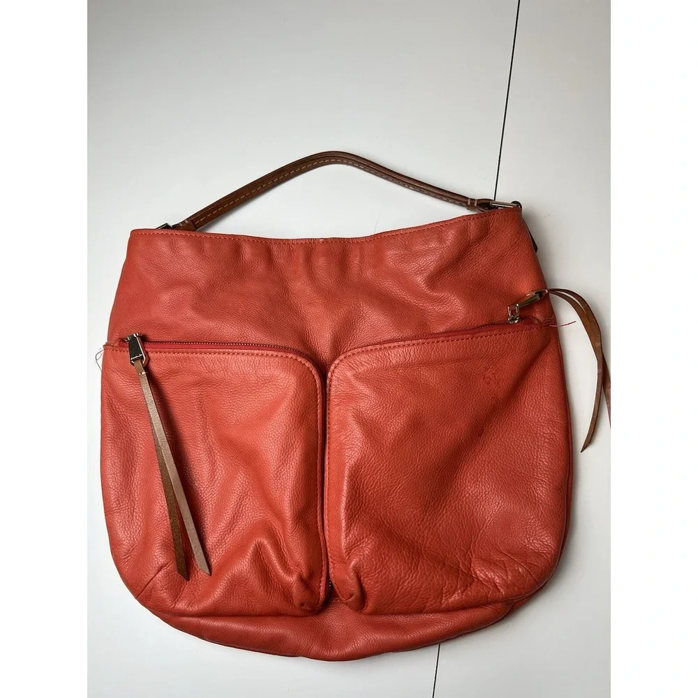 Christopher Kon Leather Slouch Purse Salmon Orange Strap Outside Zip Pockets